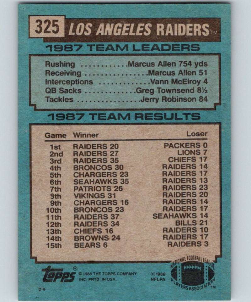 1988 Topps #325 Bo Jackson LA Raiders TL NFL Football