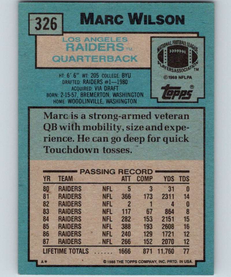 1988 Topps #326 Marc Wilson LA Raiders NFL Football Image 2