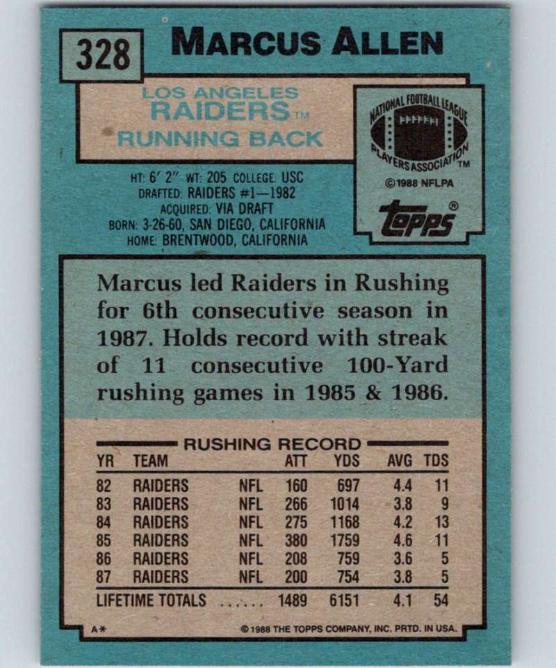 1988 Topps #328 Marcus Allen LA Raiders NFL Football Image 2