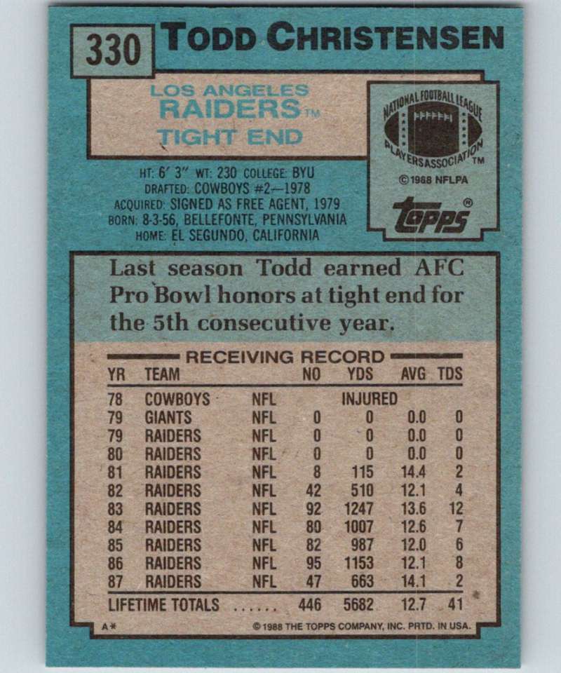 1988 Topps #330 Todd Christensen LA Raiders NFL Football Image 2