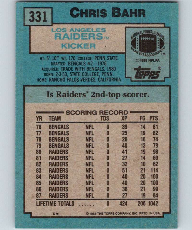 1988 Topps #331 Chris Bahr LA Raiders NFL Football Image 2