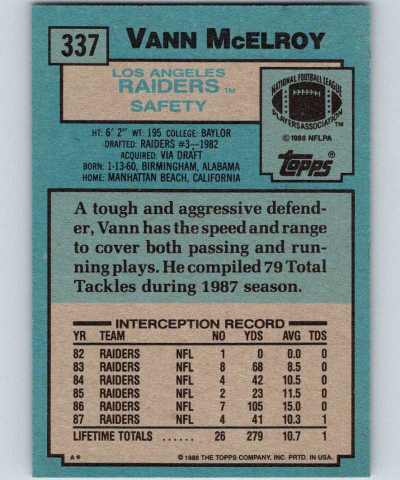 1988 Topps #337 Vann McElroy LA Raiders NFL Football Image 2