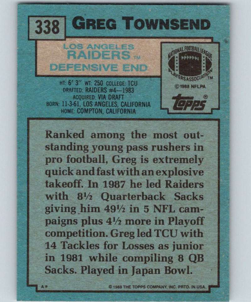 1988 Topps #338 Greg Townsend LA Raiders NFL Football Image 2