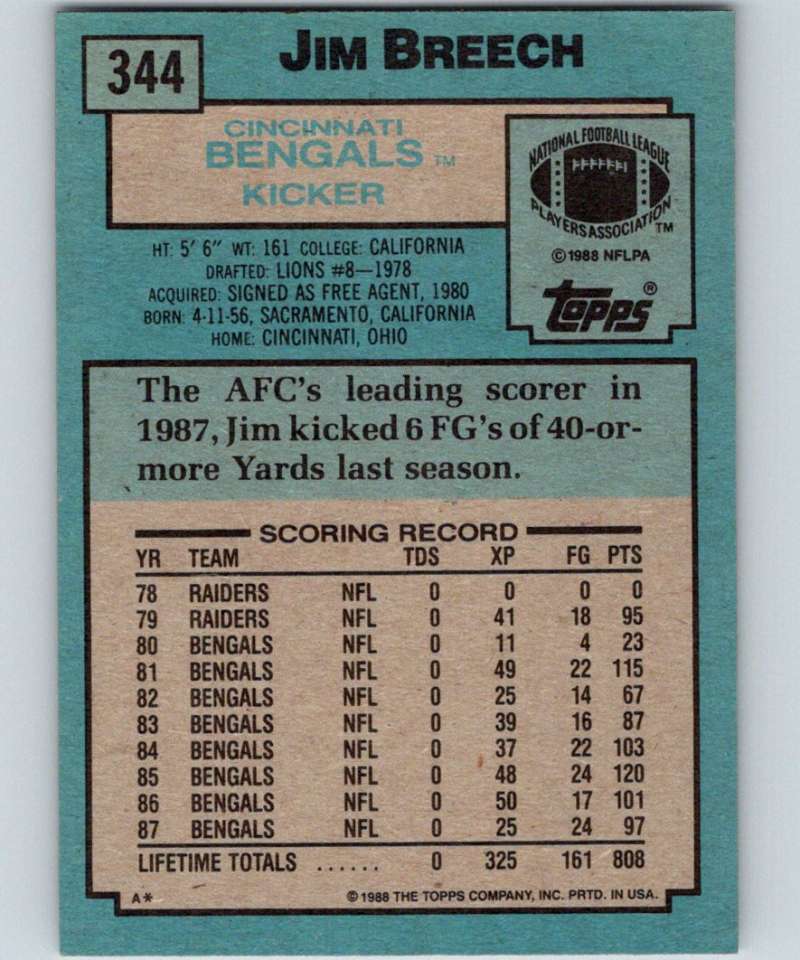 1988 Topps #344 Jim Breech Bengals NFL Football Image 2