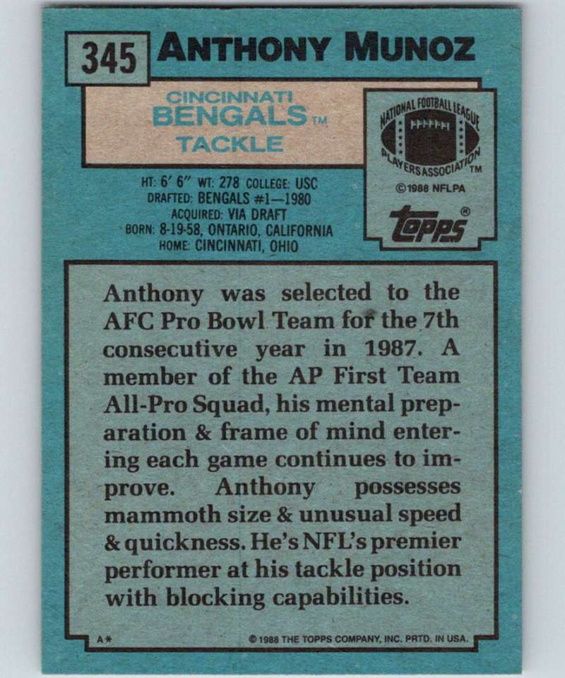 1988 Topps #345 Anthony Munoz Bengals AP NFL Football Image 2