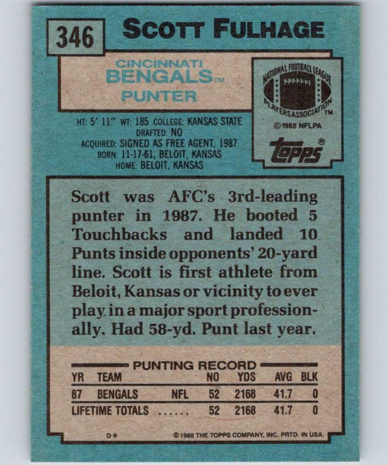 1988 Topps #346 Scott Fulhage RC Rookie Bengals NFL Football Image 2