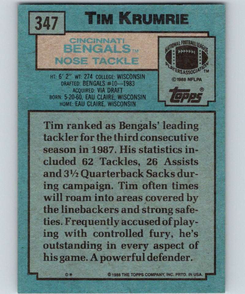 1988 Topps #347 Tim Krumrie RC Rookie Bengals NFL Football