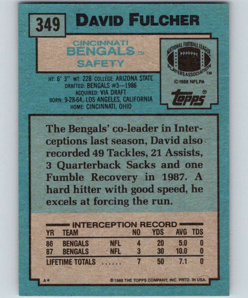 1988 Topps #349 David Fulcher RC Rookie Bengals NFL Football Image 2