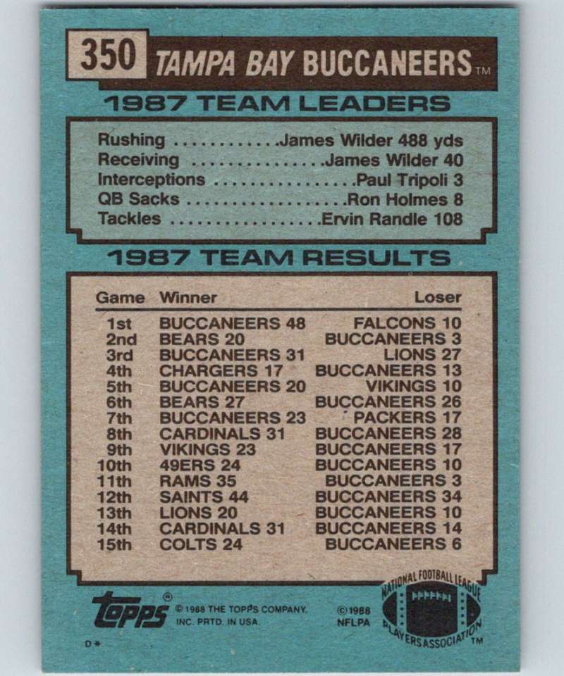 1988 Topps #350 James Wilder Buccaneers TL NFL Football Image 2