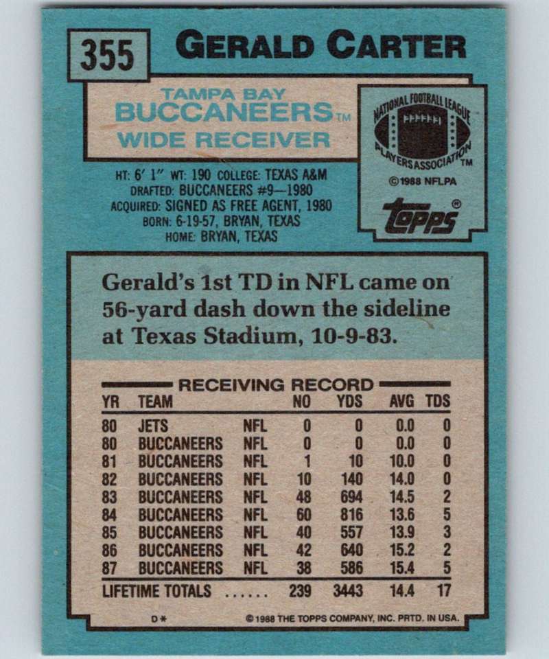 1988 Topps #355 Gerald Carter Buccaneers NFL Football Image 2