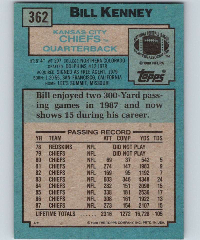 1988 Topps #362 Bill Kenney Chiefs NFL Football