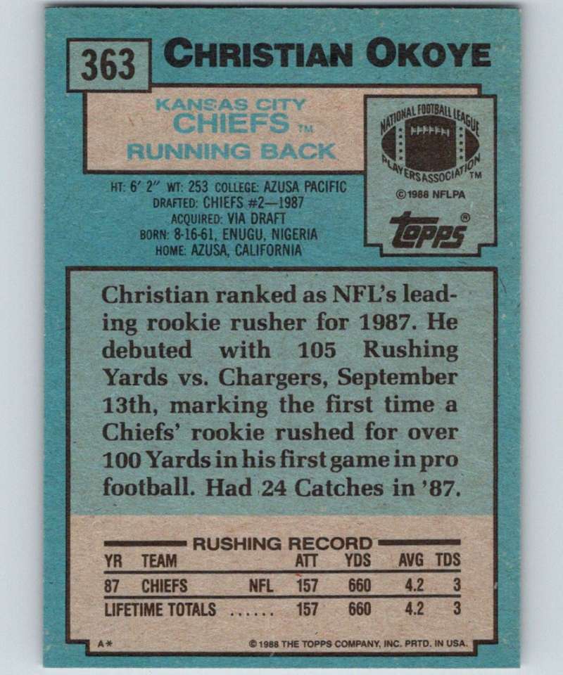 1988 Topps #363 Christian Okoye RC Rookie Chiefs NFL Football