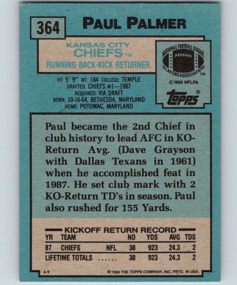 1988 Topps #364 Paul Palmer Chiefs NFL Football Image 2