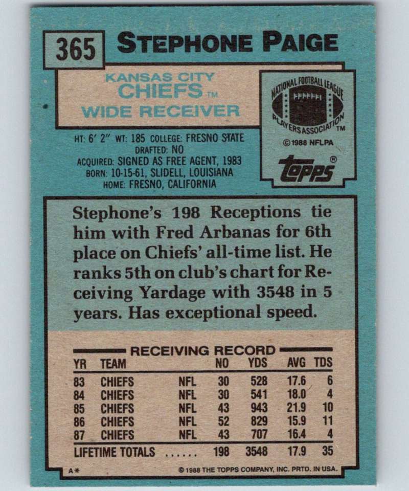 1988 Topps #365 Stephone Paige Chiefs NFL Football Image 2