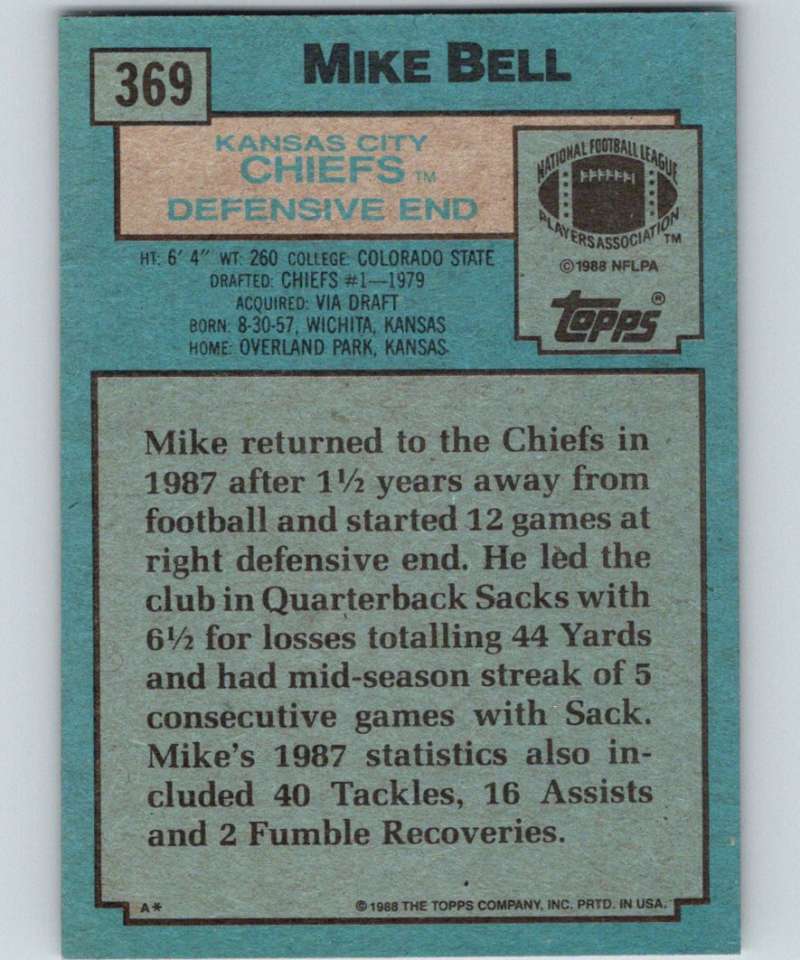 1988 Topps #369 Mike Bell Chiefs NFL Football Image 2