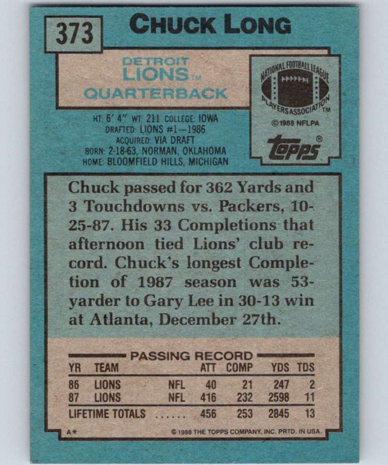 1988 Topps #373 Chuck Long Lions NFL Football Image 2