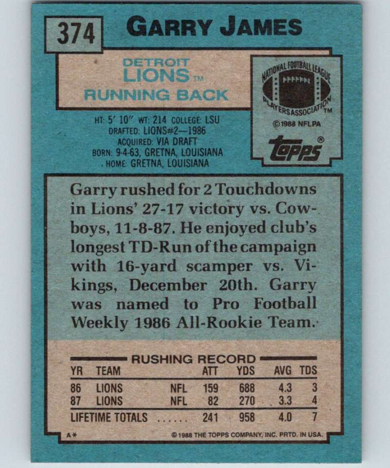 1988 Topps #374 Garry James Lions NFL Football Image 2