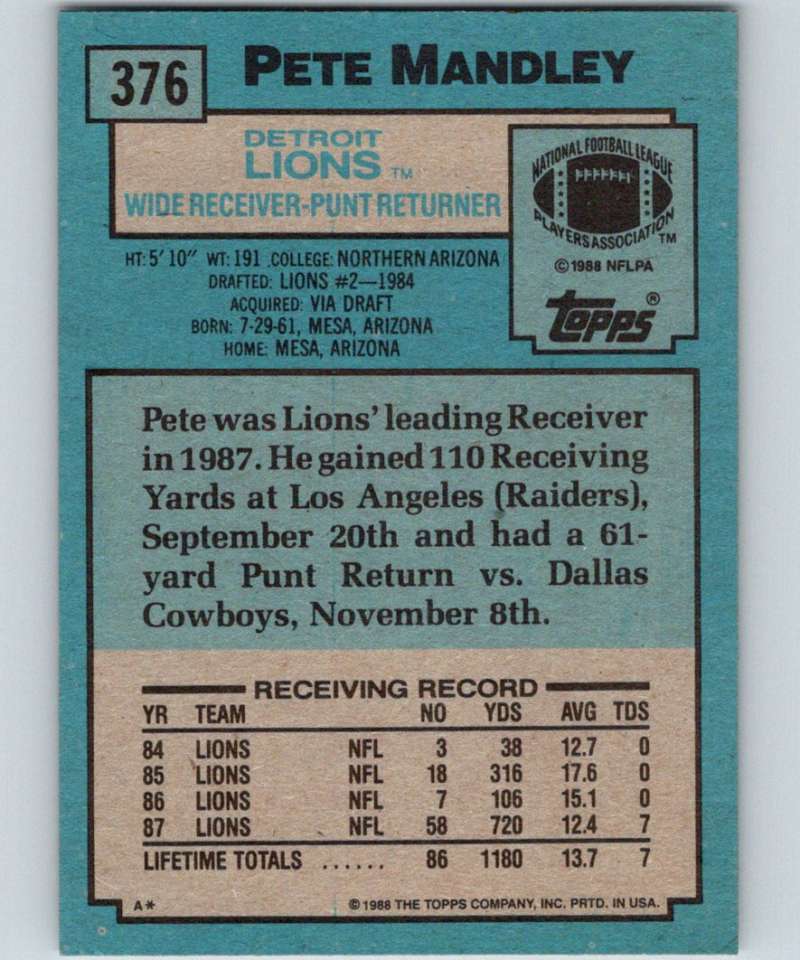 1988 Topps #376 Pete Mandley Lions NFL Football Image 2