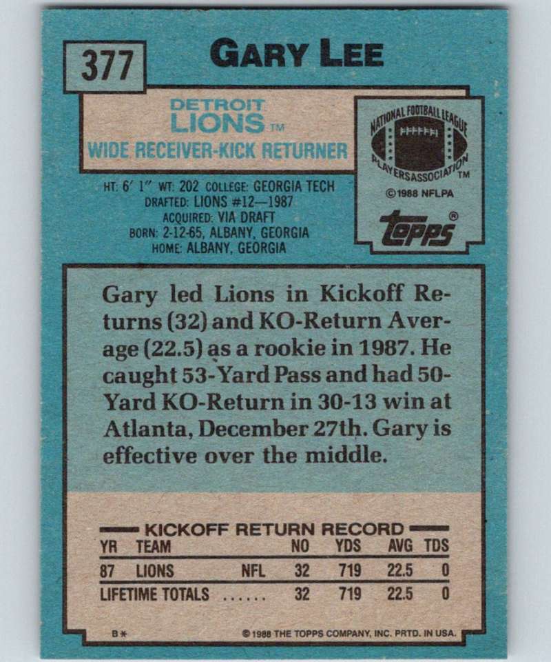 1988 Topps #377 Gary Lee RC Rookie Lions NFL Football Image 2