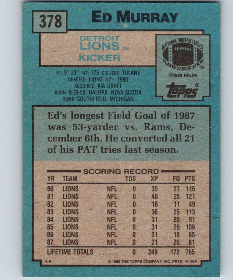 1988 Topps #378 Eddie Murray Lions NFL Football Image 2