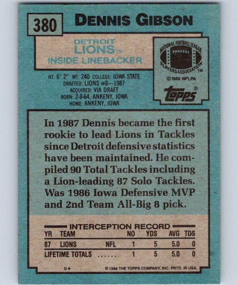 1988 Topps #380 Dennis Gibson RC Rookie Lions NFL Football Image 2