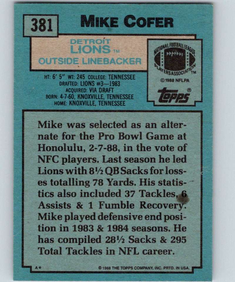1988 Topps #381 Michael Cofer Lions NFL Football Image 2