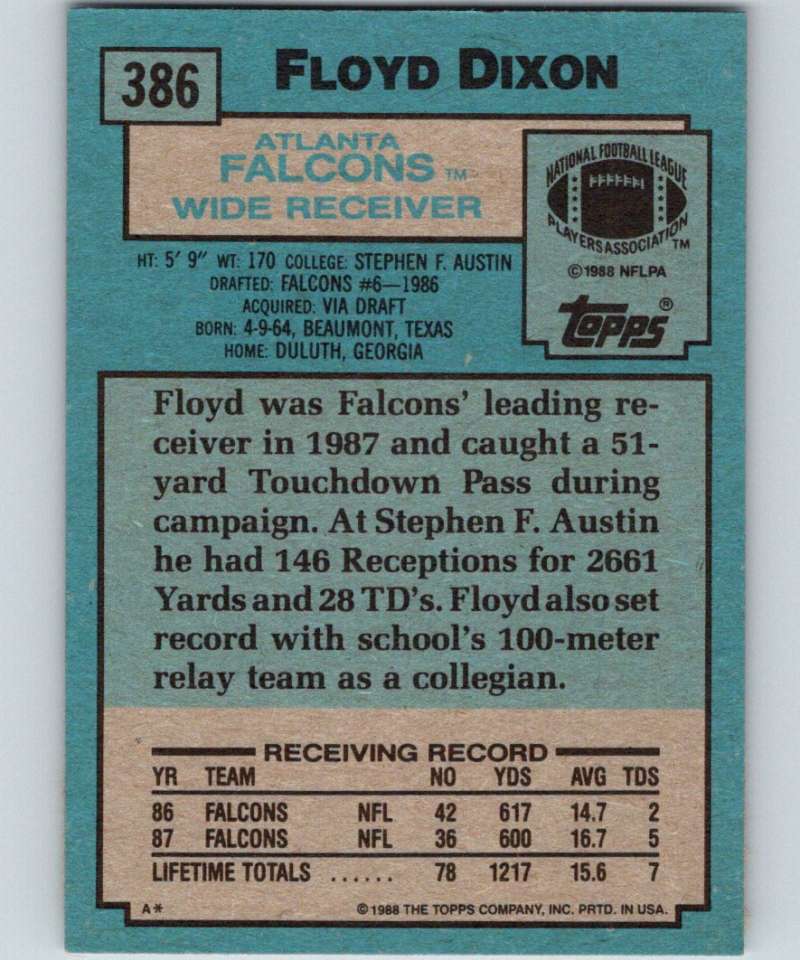 1988 Topps #386 Floyd Dixon RC Rookie Falcons NFL Football Image 2