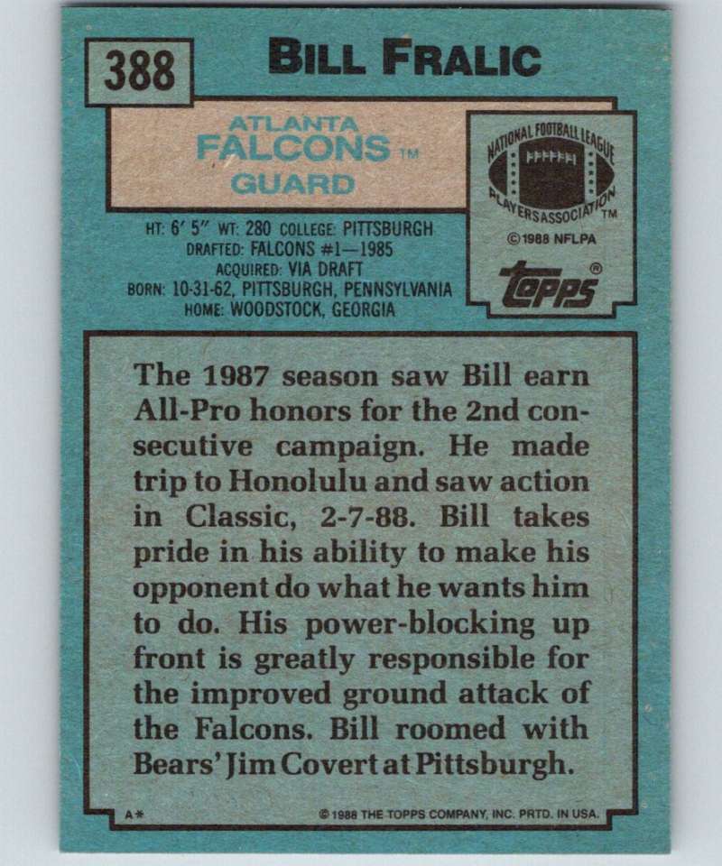 1988 Topps #388 Bill Fralic Falcons NFL Football