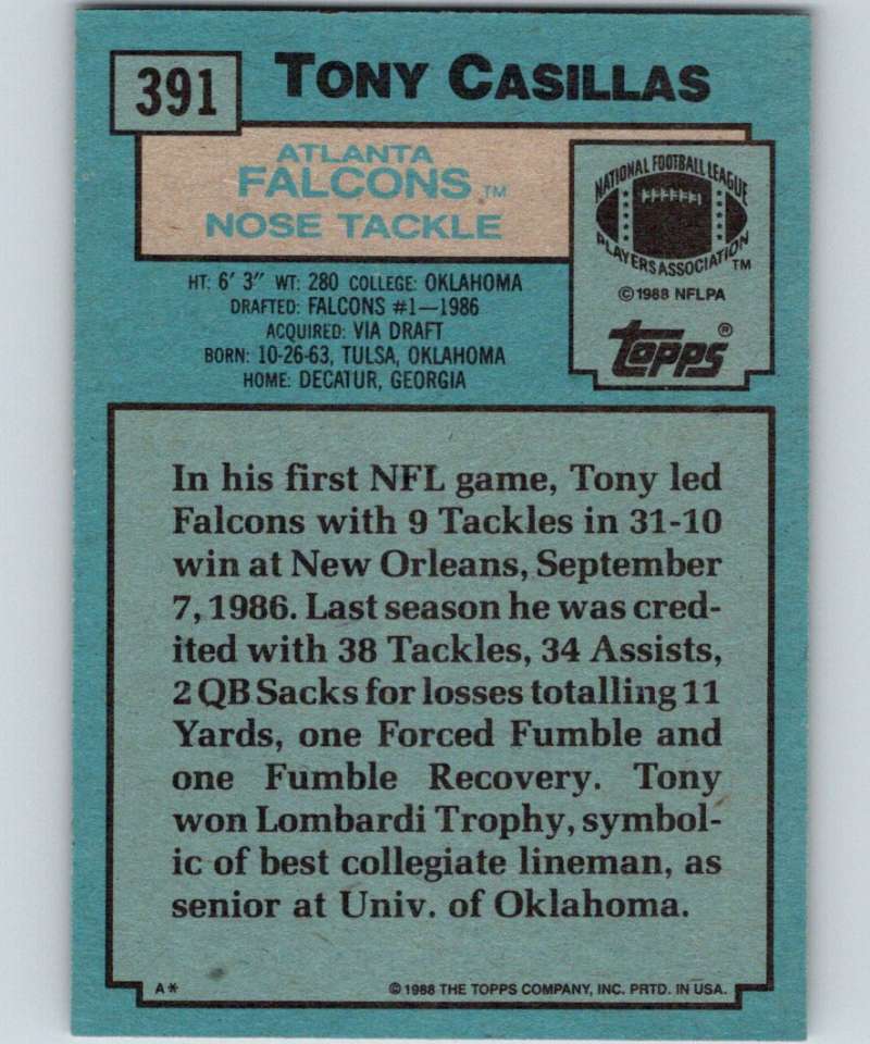 1988 Topps #391 Tony Casillas RC Rookie Falcons NFL Football Image 2