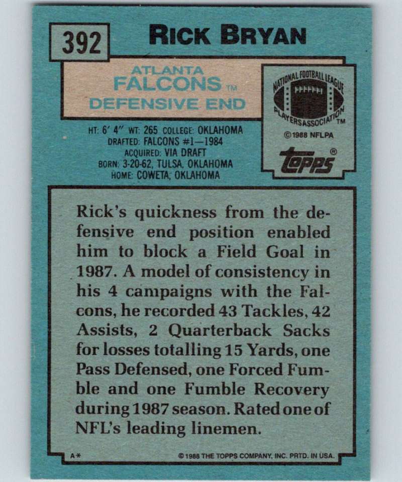 1988 Topps #392 Rick Bryan Falcons NFL Football Image 2