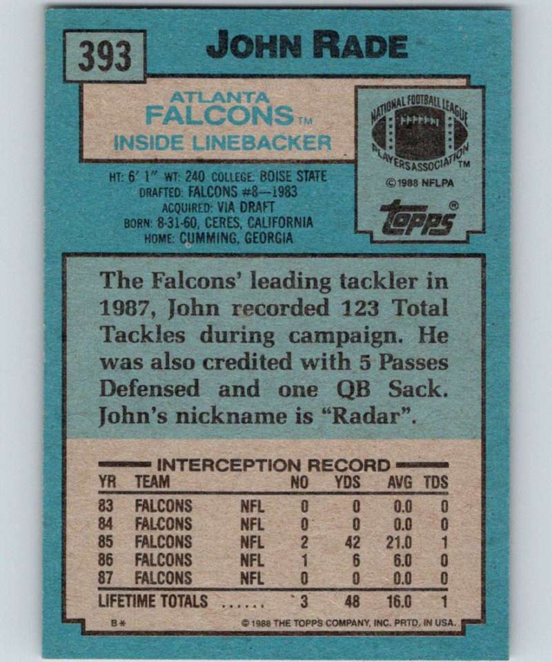 1988 Topps #393 John Rade RC Rookie Falcons NFL Football