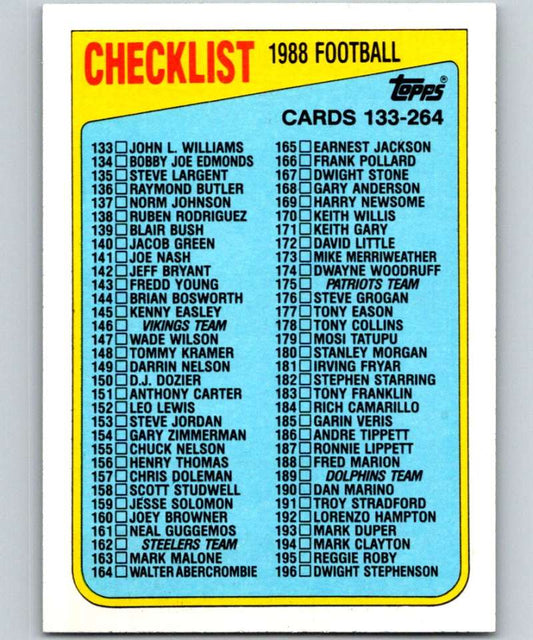 1988 Topps #395 Checklist 133-264 NFL Football Image 1