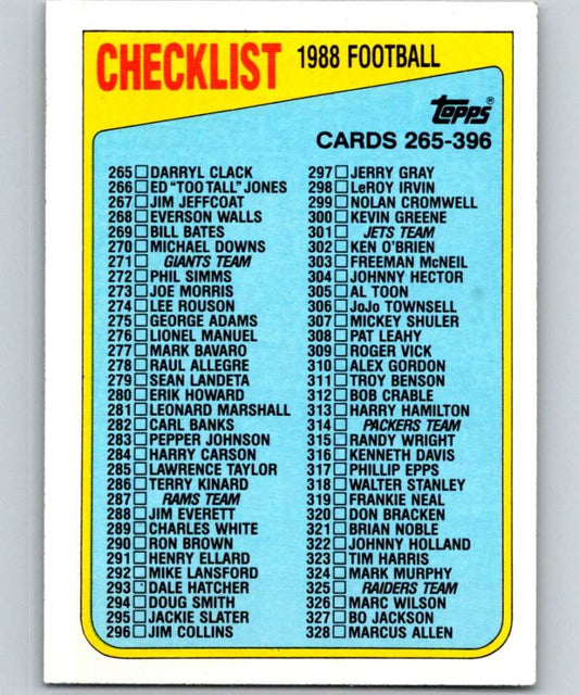 1988 Topps #396 Checklist 265-396 NFL Football Image 1