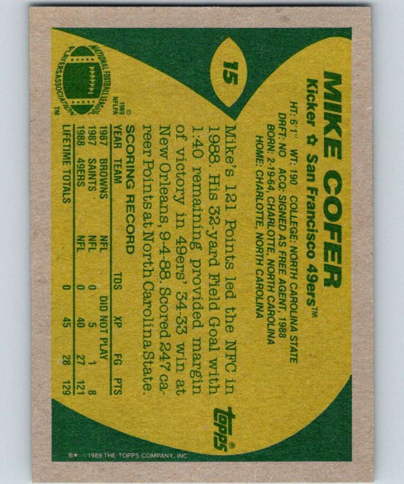 1989 Topps #15 Mike Cofer RC Rookie 49ers NFL Football Image 2