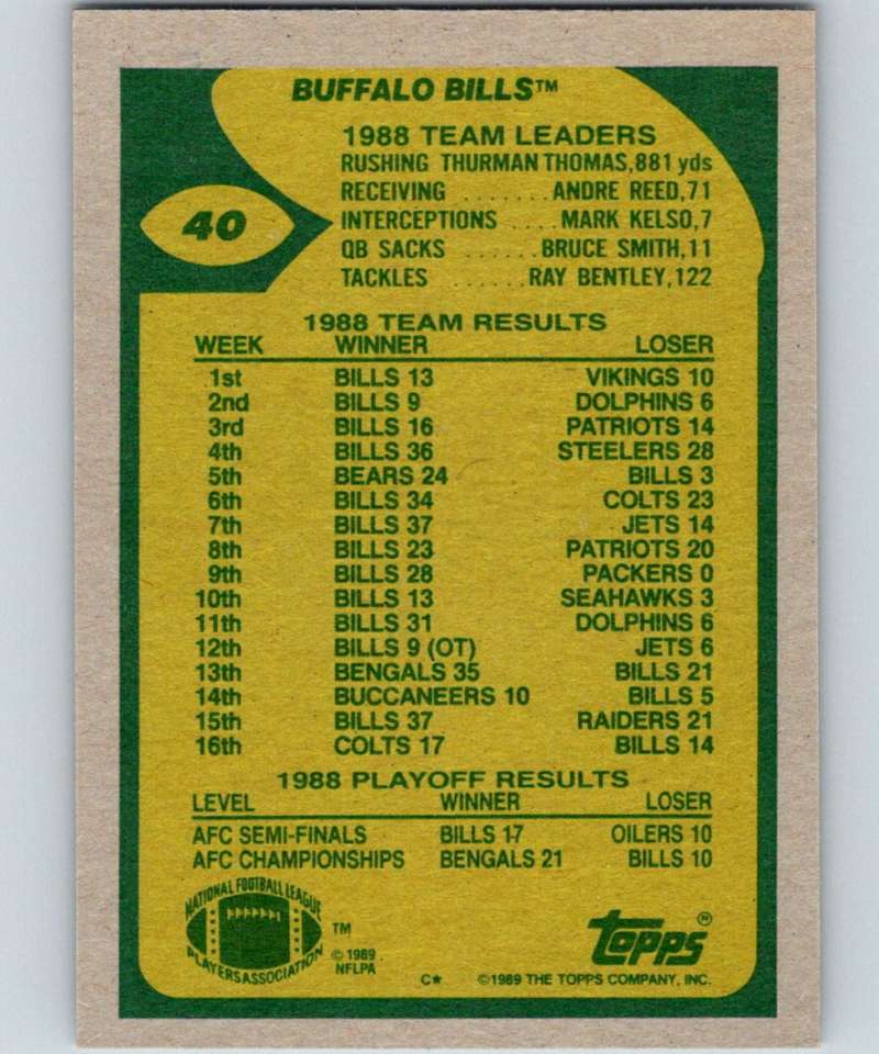 1989 Topps #40 Jim Kelly Bills TL NFL Football Image 2