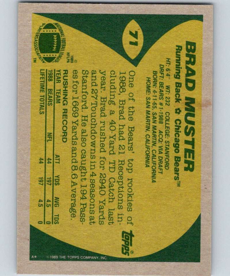 1989 Topps #71 Brad Muster RC Rookie Bears NFL Football Image 2