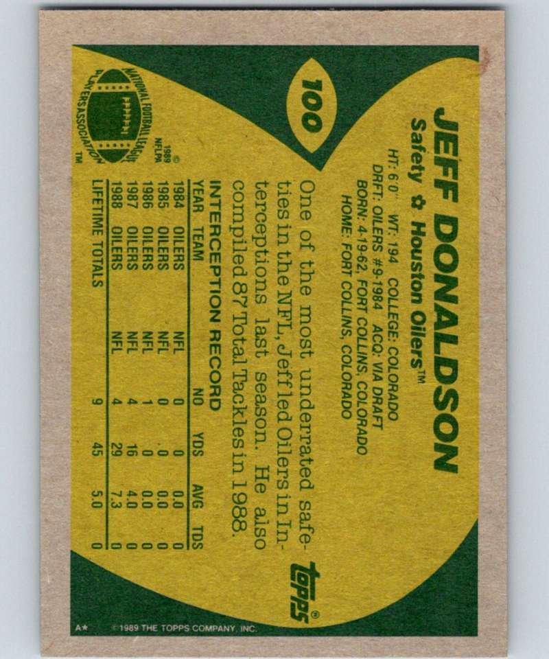 1989 Topps #100 Jeff Donaldson Oilers NFL Football Image 2