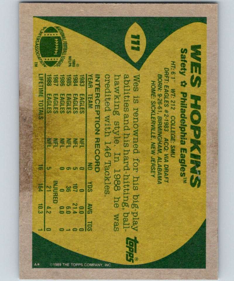 1989 Topps #111 Wes Hopkins Eagles NFL Football Image 2