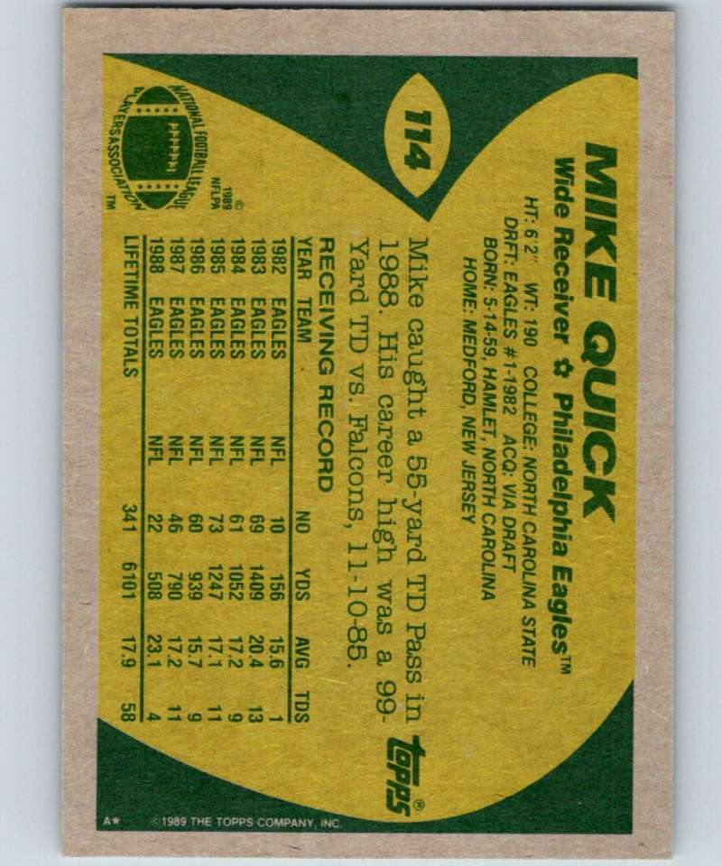 1989 Topps #114 Mike Quick Eagles NFL Football Image 2