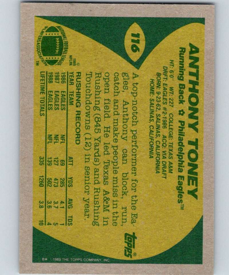 1989 Topps #116 Anthony Toney Eagles NFL Football Image 2