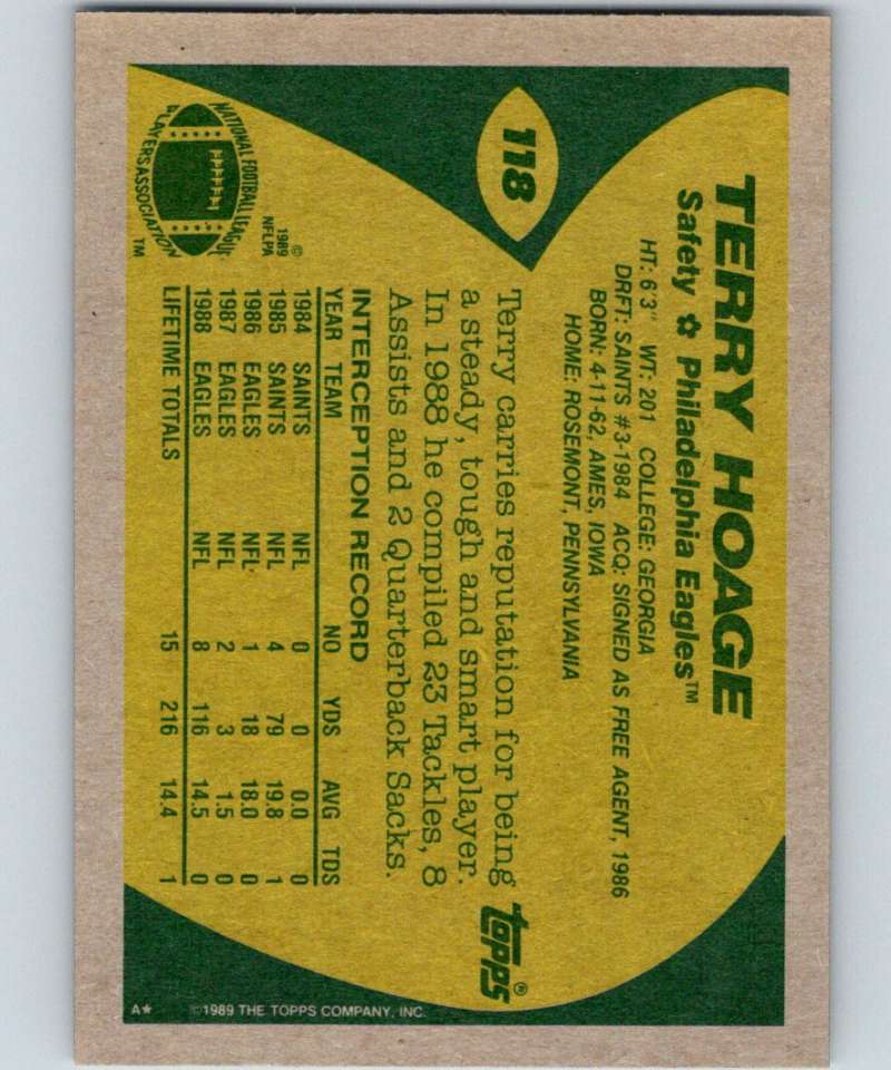 1989 Topps #118 Terry Hoage Eagles NFL Football Image 2