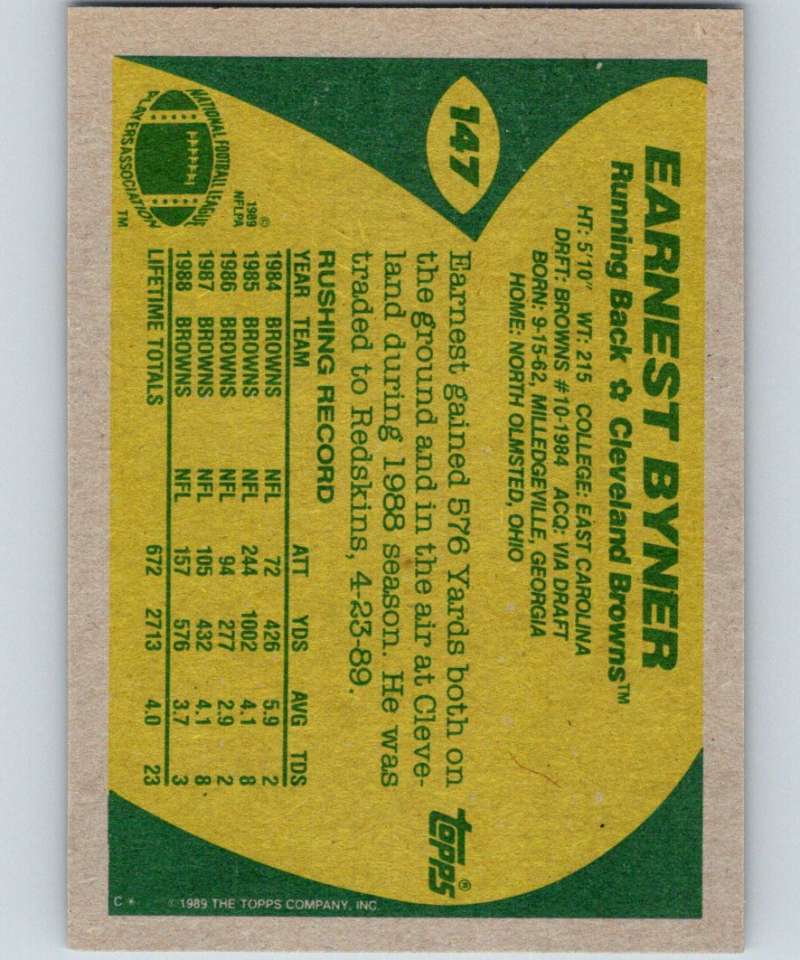 1989 Topps #147 Earnest Byner Browns NFL Football Image 2