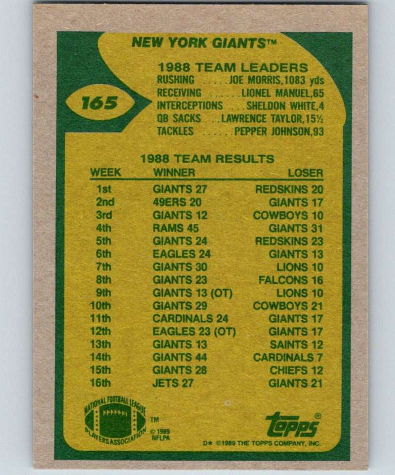 1989 Topps #165 Joe Morris NY Giants TL NFL Football Image 2
