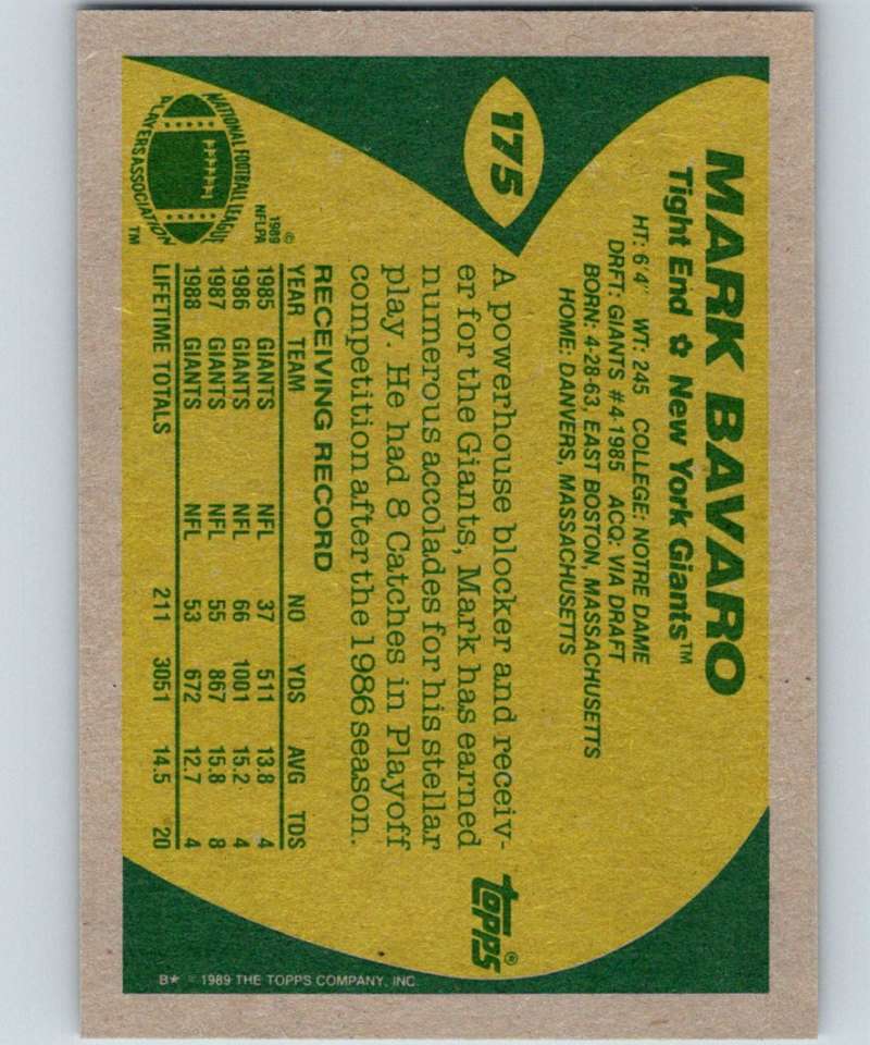 1989 Topps #175 Mark Bavaro NY Giants NFL Football