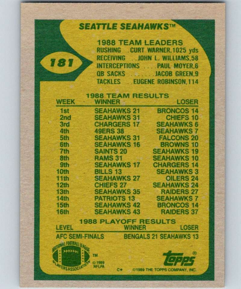 1989 Topps #181 Dave Krieg Seahawks TL NFL Football Image 2