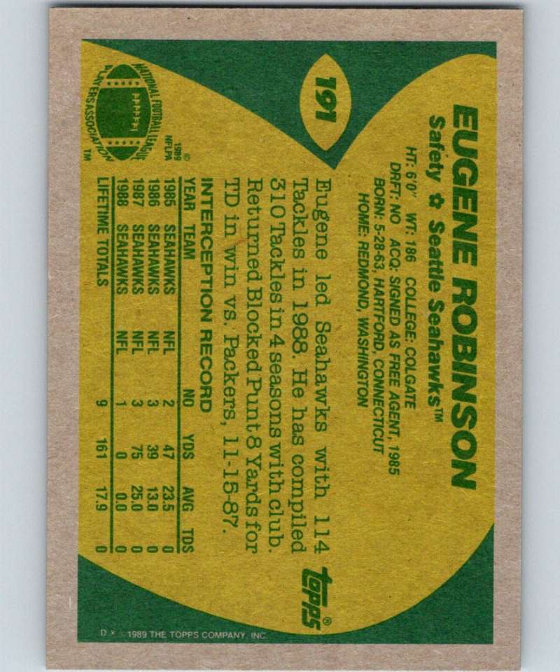 1989 Topps #191 Eugene Robinson RC Rookie Seahawks NFL Football Image 2