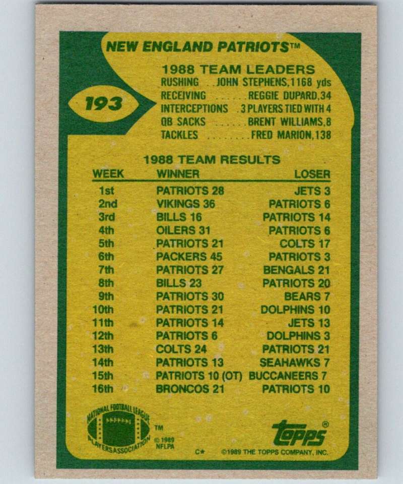 1989 Topps #193 Tony Eason Patriots TL NFL Football Image 2