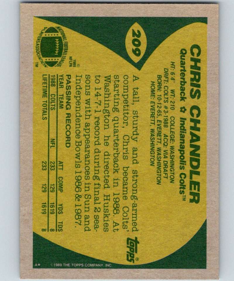 1989 Topps #209 Chris Chandler RC Rookie Colts NFL Football