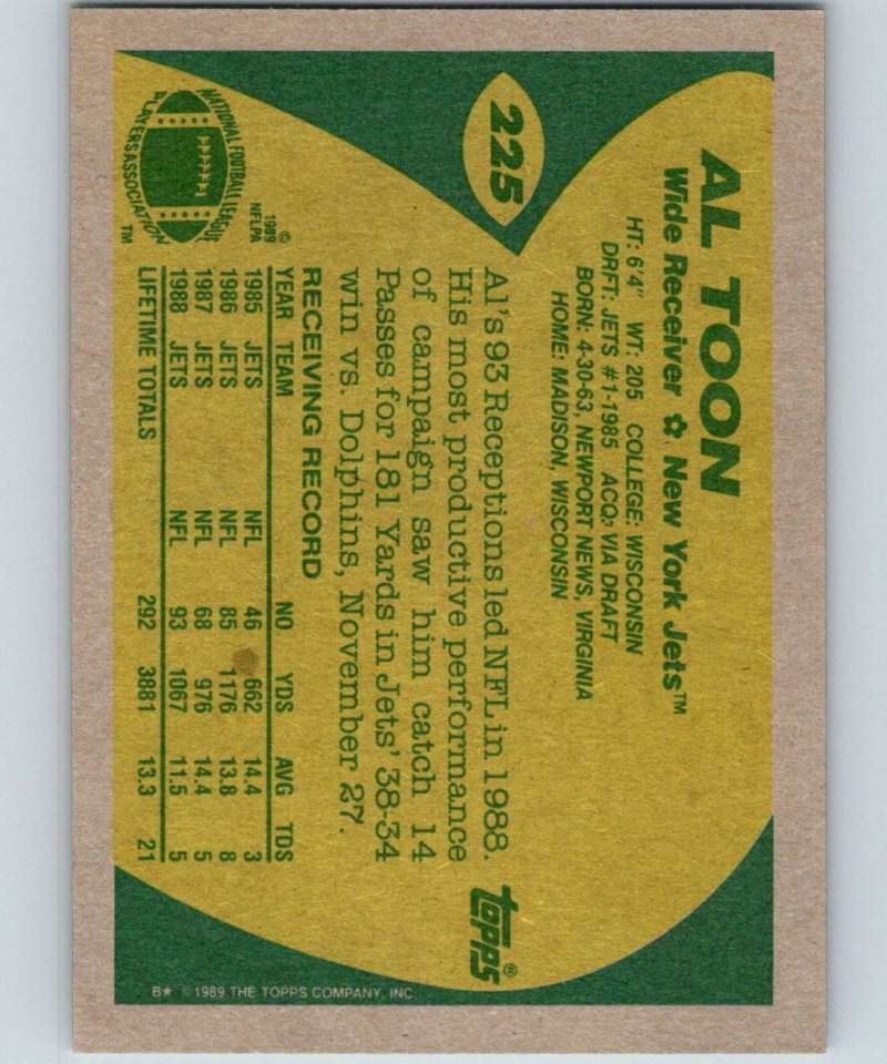 1989 Topps #225 Al Toon NY Jets NFL Football Image 2