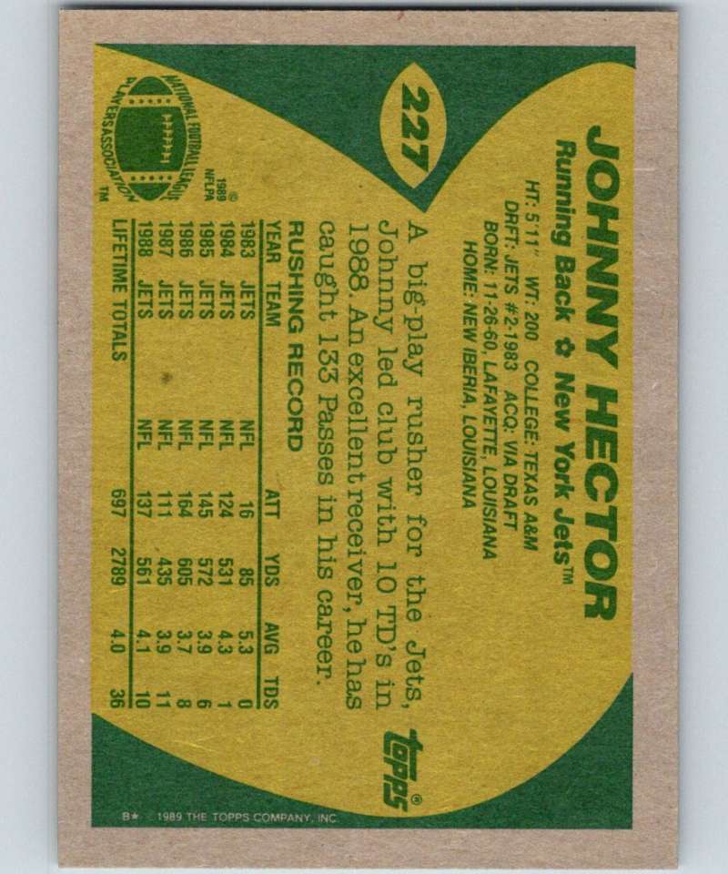 1989 Topps #227 Johnny Hector NY Jets NFL Football Image 2